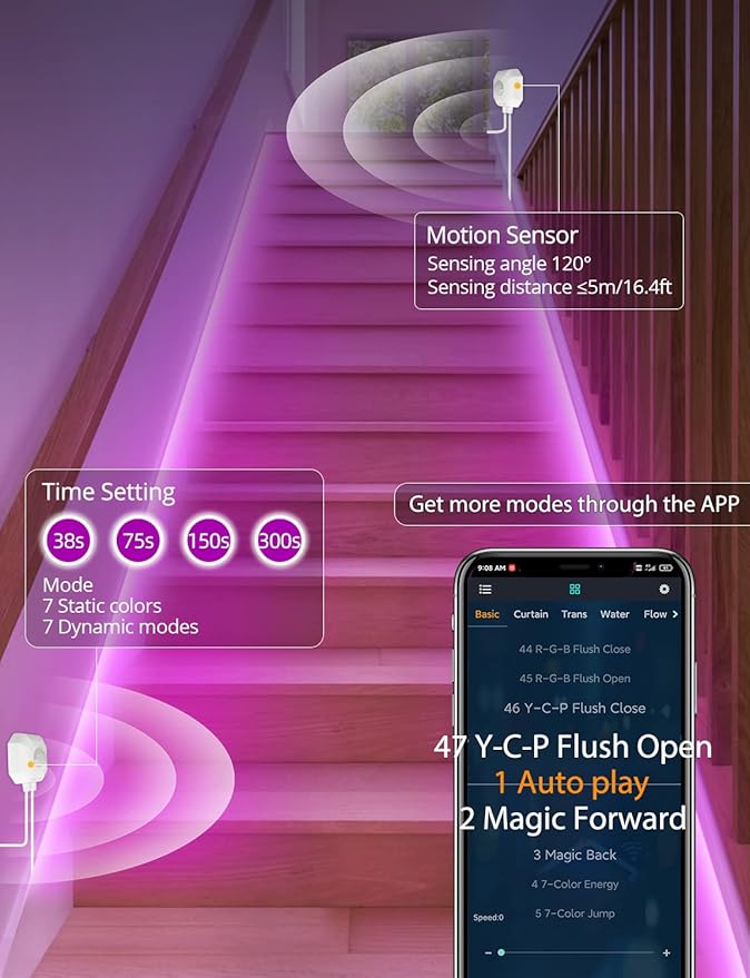 MATICOD Motion Sensor Lights Indoor Under Bed RGB LED Light Strip With APP Control - Night Lights for Bedroom, Kitchen, Closet and Stairs - 9.84ft