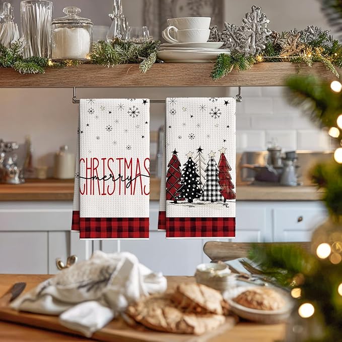 Artoid Mode Red Xmas Tree Snowman Merry Christmas Kitchen Towels, 18x26 Inch Quick Dry Microfiber Cloth Dish Towels for Kitchen Drying Set of 4