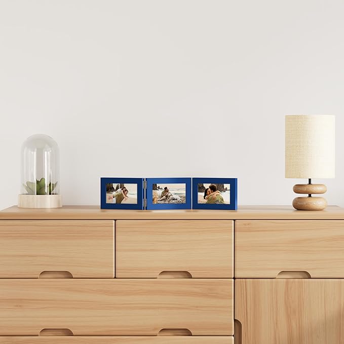 decorUhome Triple 6x4 Picture Frame Horizontal, Engineered Wood Trifold Photo Frame with Plexiglass for Tabletop Display, 6x4, Royal Blue