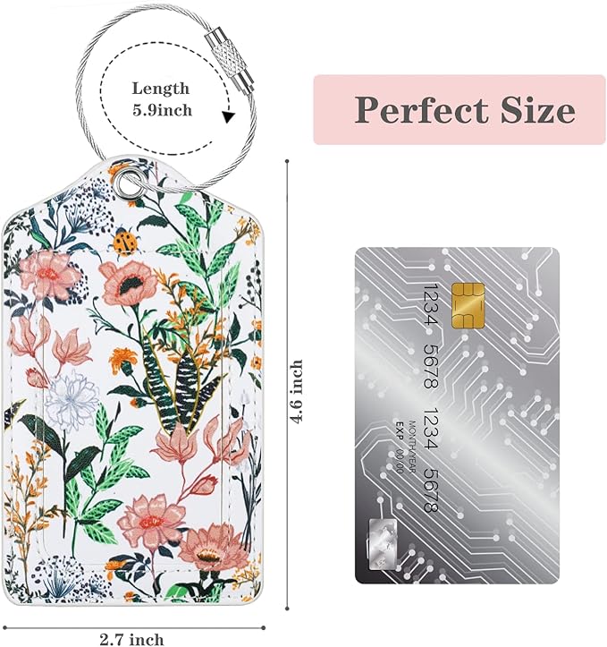 (Set of 2) Luggage Tag Leather Privacy Cover ID Label Address Card with Stainless Steel Loop, Travel Bag Tags Suitcase Labels,White Flowers