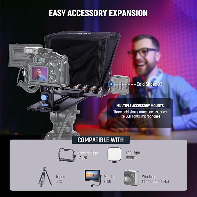 Neewer Teleprompter with Arca Type Camera Mount, Cold Shoes, RT113 Remote Teleprompter App, Online Teaching/Vlogger/Live Streaming Prompter for iPad Tablet, Assembly Free, X12II