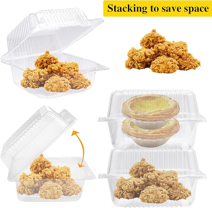 Qyyiguf 50 Pcs Clear Hinged Plastic Containers with Lids,Square To Go Containers,Disposable Clamshell Takeout Tray for Dessert,Cakes,Cookies,Salads,Pasta,Sandwiches