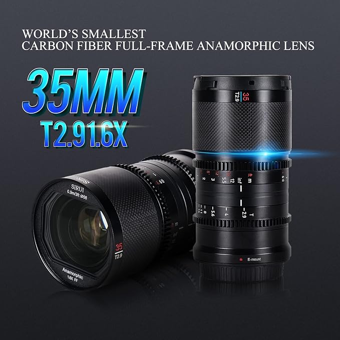 SIRUI Saturn 35mm T2.9 1.6X Full Frame Carbon Fiber Anamorphic Lens, Cine Lens for E Mount Cameras, 418g (Neutral Flare)