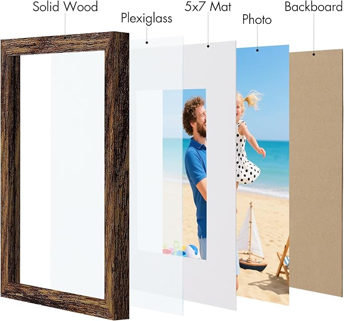 Vittanly 8x10 Picture Frame, Made of Solid Wood and Shatterproof Plexiglass, Display Pictures 5x7 with Mat or 8x10 without Mat, Wooden Photo Frame for Wall Mounting or Tabletop, Dark Brown, 1 Pack