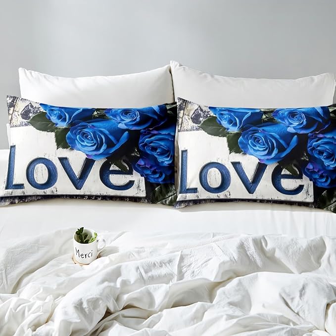 Erosebridal Blue Rose Flat Sheet Set - King Size 4 Pcs Romantic Bedding, Rose, Moment Print, Grey, Farmhouse Blossom Flower Bed Sheet