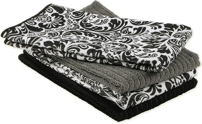 DII Cleaning Collection Multi-Purpose Microfiber, Black Damask, Dishtowel Set