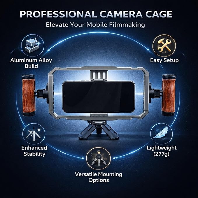 Smartphone Video Rig Camera Cage, Aluminum Alloy Vlogging Stabilizer Grip, Adjustable Bracket for Phones 2.5-3.4 Inch - Multi Expansion Mounts, Anti Shake Design, Ideal for Mob