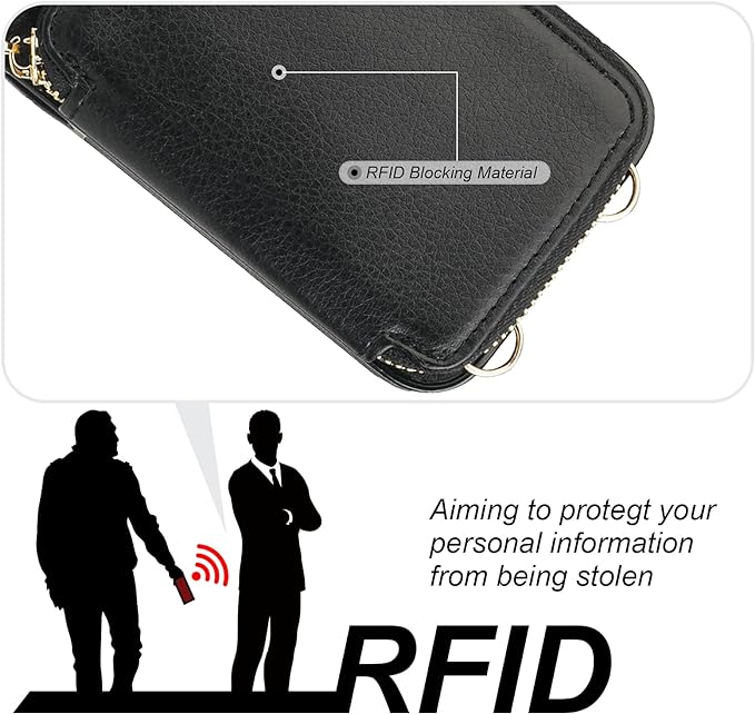 Bocasal RFID Blocking Wallet Case for iPhone 15 Pro Max, Adjustable Crossbody Zipper Purse with Kickstand and Detachable Wrist Strap, PU Leather Flip Folio Case 6.7 Inch 5G (Black)