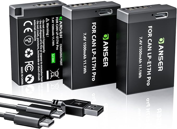 LP-E17 Battery 3-Pack and Type-C Direct Charging,1500mAh with 2-in-1 Cable Fast Charging for Canon EOS R50/R10/R8/RP/Rebel T7i/T8i/SL3 R50/R10/750D,M3, M5, M6,760D,800D,8000D Digital SLR
