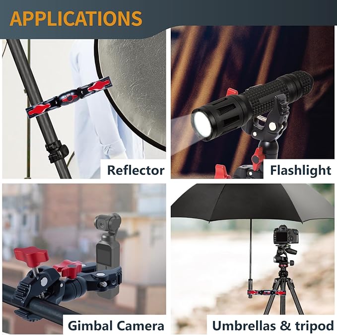 POWERTEC Double Super Clamp Camera Mount with Two 1/4"-20 Mounting Holes for Magic Arm, Desk, Umbrella, Bike, Photography Lighting, Softbox (71924)