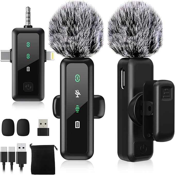 3 IN 1 Wireless Lavalier Microphones for iPhone/Android/Camera Devices(Lightning/USBC/3.5 mm Jack), 2 Pack Mini LED Display Lapel Mic with Mute/Reverb/Noise Reduction for TikTok/YouTube/Vlog Recording