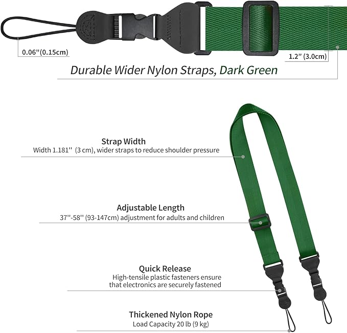 Comfortable Shoulder Strap, Nylon Camera Strap, Adjustable Neck Strap for iPad, Cellphone Tablet, Camera, Laptop, Binocular, Luggage Bag (Dark Green Universal Lanyard)
