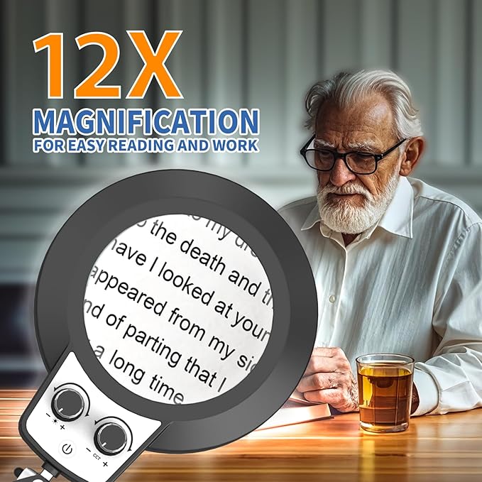 HITTI 12X Magnifying Glass with Light, 2026 New Upgrade Infinite Color and Stepless Dimming Desk Large Lamp & Clamp, 2-in-1 LED Hands Free Lighted Magnifier Stand for Crafting Hobby Soldering Reading