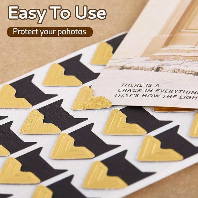 Dfqsofd 600Pcs Photo Corners Self Adhesive, Picture Corners for Scrapbooking Photo Mounting Stickers for DIY Scrapbook, Album, Memory Books, Picture Frames, Journal (Black Gold)