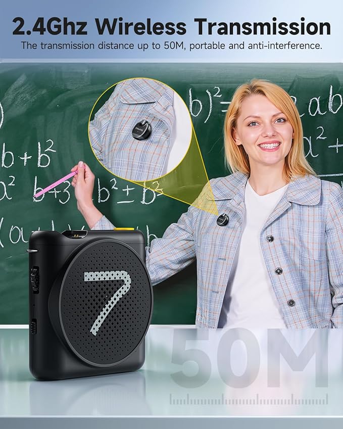 7RYMS WA2 Wireless Voice Amplifier for Teacher, Elderly with Magnetic Lavalier Mic, Personal Classroom Amplifier-Noise Canceling, 23H Working, 164ft Range, Mini Pa System for Teaching Tour Guide Yoga