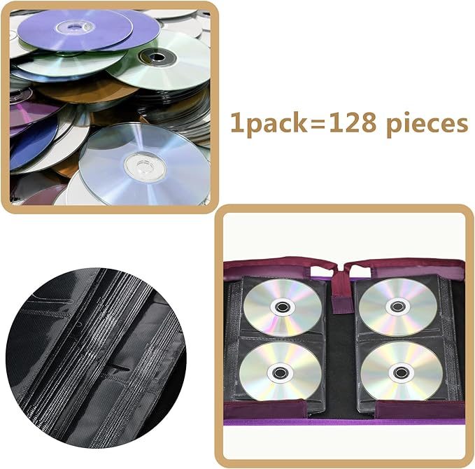 DVD Case CD Storage,128 Capacity CD Cases Holder DVD Storage Case Holders CD DVD Disc Case Storage Wallet Binder for Car Home Office Travel (128 Purple)