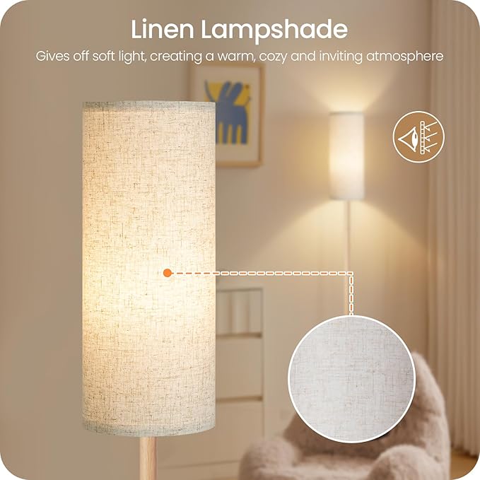 Wooden Textured Pole Lamp, Dimmable Floor Lamps for Living Room with Remote and Foot Switch, 64.4” Standing Tall Lamp, Corner Floor Light for Bedroom, Bulb Included, 3000K-6500K, FCC Listed XE06LD05W1