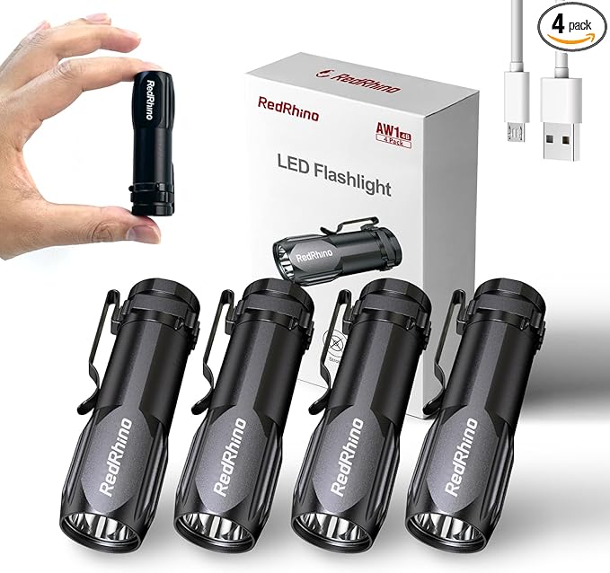 REDRHINO Small LED Flashlight 4 Pack, Rechargeable EDC Compact Pocket Lights, 400 Lumens Mini Flash Light with Clip, Bright Little Flashlights for Home, Emergency, Camping, Outdoor 4B