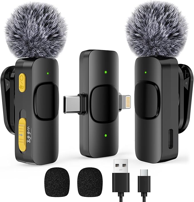 2-Pack Wireless Lavalier Mini Microphone for iPhone, Android, Active Noise Cancellation, Magnetic Lapel Microphone for TikTok, YouTube, Video Vlog, Interviews, Live Streaming (2-in-1 RX)