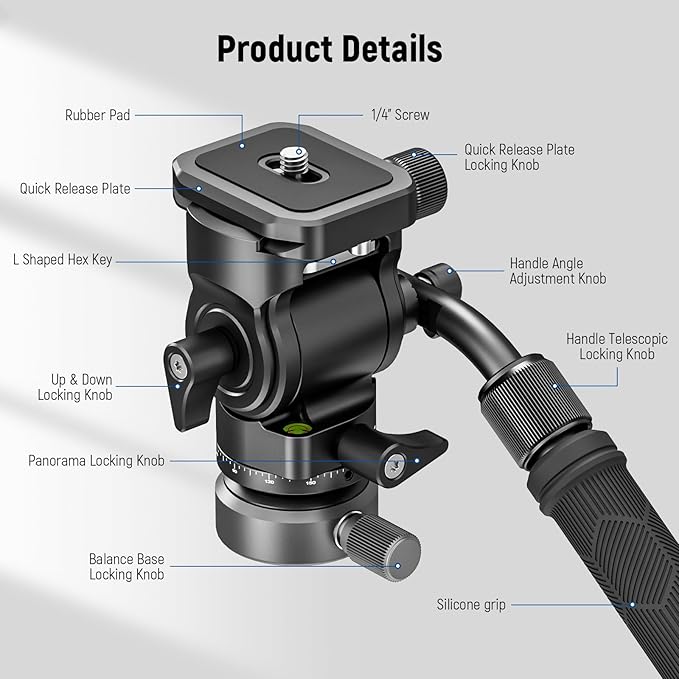 NEEWER Tripod Fluid Head with +/-10° Leveling Base, Metal Drag Pan Tilt Head Mount with Arca Type QR Plate Telescopic Handle Cleaning Cloth for Compact DSLR Camera Camcorder, Max Load 8.8lb/4kg, GM27
