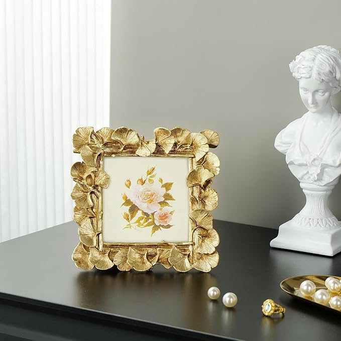 Cuspin 4x4 Picture Frame Square, Small Gold Vintage Ornate Frame Leaf Textured Hand-Crafted Resin with Glass Front, Antique Photo Frames for Tabletop Display, Retro Design Home Decor