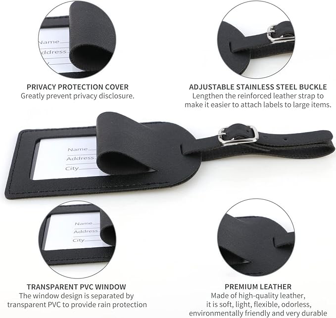 5 Pack Luggage Tags，PU Leather Luggage Bag Tags，Leather Luggage Bag Case Tags for Women Men Travel，Premium Travel Bag Baggage Tags Suitcase Identify Labels with Privacy Cover