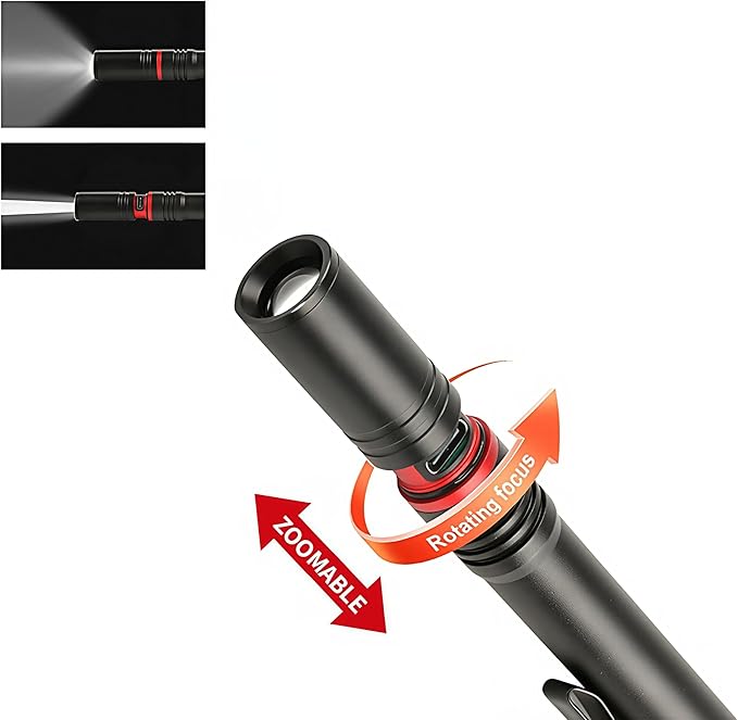 Rechargeable LED Flashlight, Mini, EDC High Lumen Flashlight, Water Resistance, Zoomable, Super Bright Tactical Flash Light, Outdoor, Hunting, Camping, Pen Flashlight for Inspector, Emergency, Home
