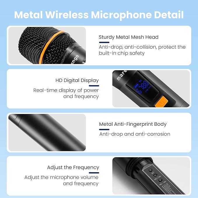 Wireless Microphones, Professional UHF Dual Metal Karaoke Microphone Wireless with Rechargeable Receiver(260 FT), Plug and Play, Handheld Wireless Microphones System for Speaker Speech Wedding Church
