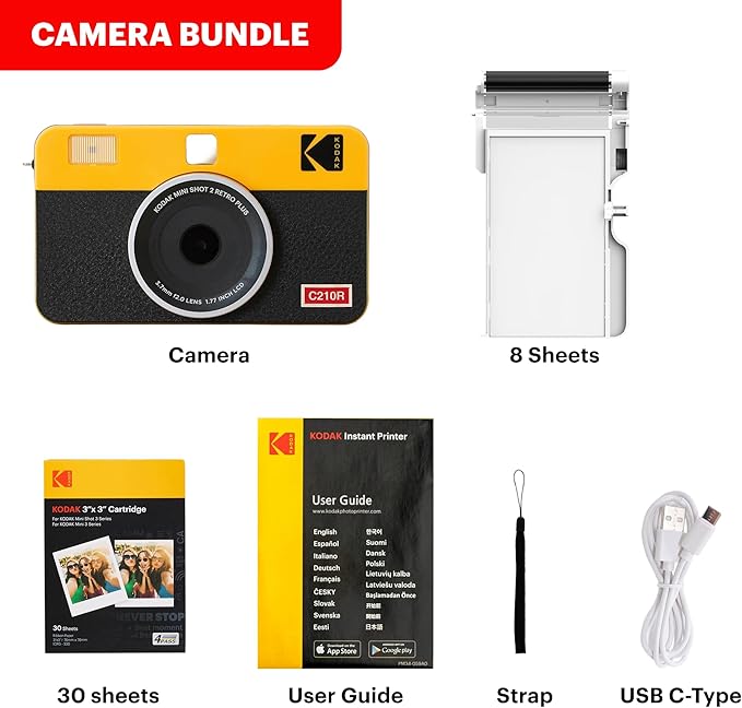 KODAK Mini Shot 2 Retro 4PASS 2-in-1 Instant Digital Camera and Photo Printer (2.1x3.4 inches) Initial 8 Sheets + 30 Sheets Bundle, Yellow