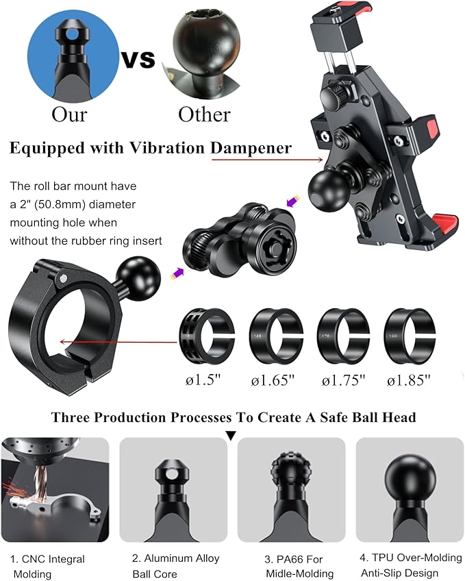 BRCOVAN Anti-Theft Aluminum Alloy UTV Phone Holder with Vibration Dampener & Secure Lock, Adjustable Roll Cage Cellphone Mount Fit 1.5''/1.65''/1.75''/1.85''/2'' Roll Bar, for 4.7''-7.2'' Smartphone
