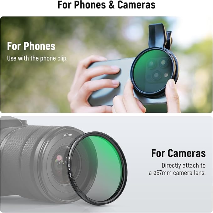 NEEWER 2 in 1 67mm Clip On CPL & Black Diffusion 1/4 Filter Compatible with iPhone 17 16 15 Pro Max Plus 16e 14 13 Mini 12, Circular Polarizing Phone Camera Lens Photography Accessories Kit, FL-B35