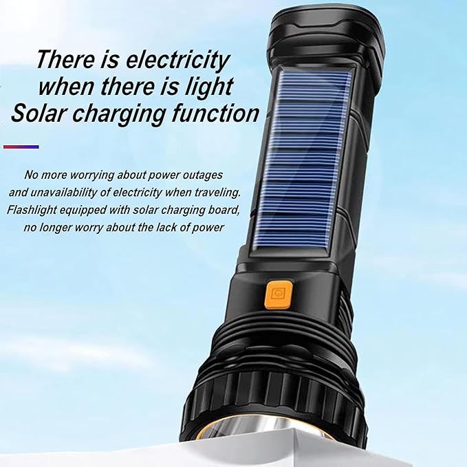 6PCS Solar/Rechargeable Multi Function 1000 Lumens LED Flashlight, with Emergency Strobe Light and 1200 Mah Battery, Emergency Power Supply and USB Charging Cable, Fast Charging