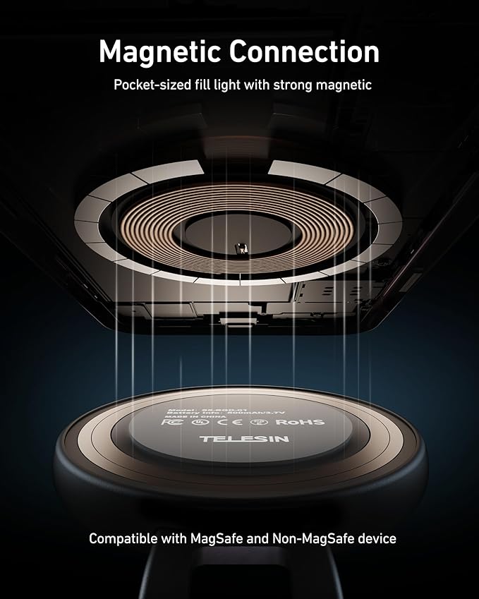 TELESIN C03 Magnetic Phone Beauty Selfie Light Compatible with iPhone Magsafe, CRI97 360° LED Selfie Ring Fill Light with Mirror for Selfies/Photography/TikTok/Zoom Calls/Video Conference(Black)