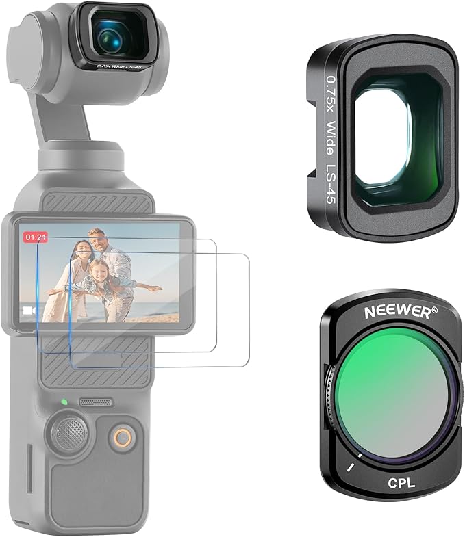 NEEWER Filter Accessories Compatible with DJI Osmo Pocket 3 & Creator Combo, Magnetic CPL Filter, 0.75X Wide Angle Lens 108° FOV, 2 Screen Protectors Photography Filter Kit, FL-B29