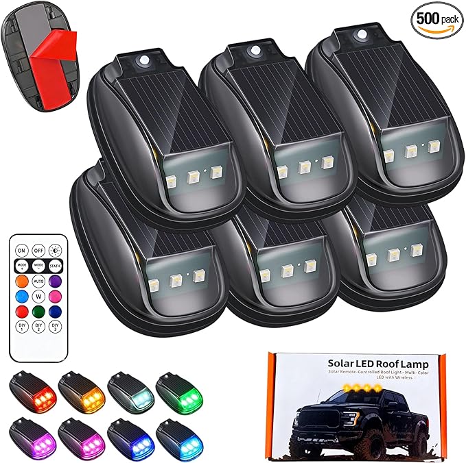2026 New Solar Car Roof RGB Strobe Light with Remote Control, Waterproof Interior Car Lights 8 Colors Wireless LED Strobe Lights for Trucks, Motorcycle, Vehicle, Night Driving (6pcs)