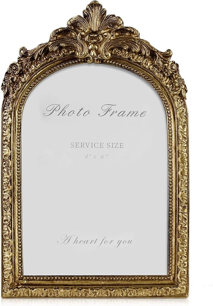Cuspin 4x6 Picture Frame Arched Vintage Frame, Gold Ornate Resin Frames with Plexiglass Front for Wall Mounting and Tabletop Display, Antique Photo Frame Retro Home Decor