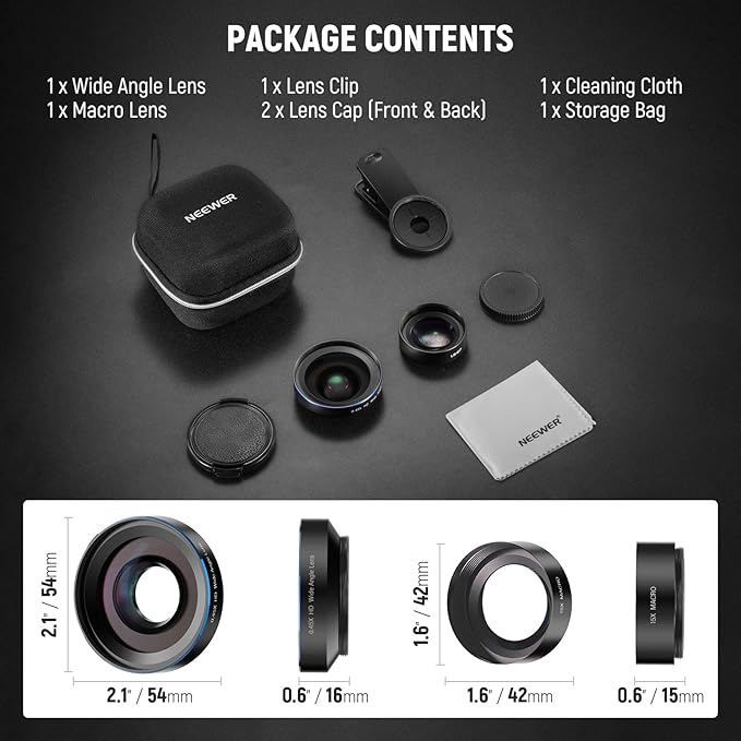 NEEWER Basics 2 in 1 Phone Camera Lens Accessories Kit, HD 0.45x Wide Angle + 15x Macro, 37mm Lens Clamp Compatible with iPhone Samsung Android Smartphone, LS-67