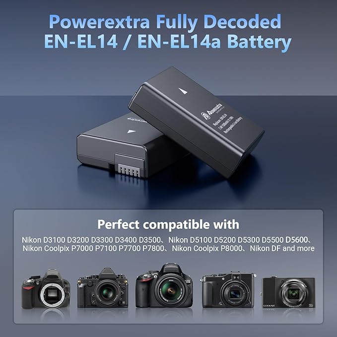 2 x EN-EL14 / EN-EL14a Battery & Dual LED Charger Compatible with D3100, D3200, D3300, D3400, D3500, D5100, D5200, D5300, D5500, D5600, Df, Coolpix P7000, P7100, P7700, P7800