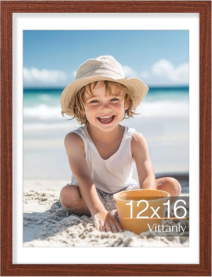 Vittanly 12x16 Picture Frame, Made of Solid Wood and Shatterproof Plexiglass, Display Pictures 11x14 with Mat or 12x16 without Mat, Wooden Photo Frame for Wall Mounting, Brown, 1 Pack
