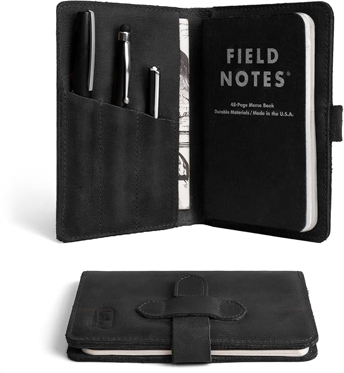 Leather Worx, Rustic Cover for Field Notes (3.5 x 5.5 in. Notebook not Included) with Pen Slots, Protective Storage for Journal, Full Grain Leather, Handmade (Charcoal Black)
