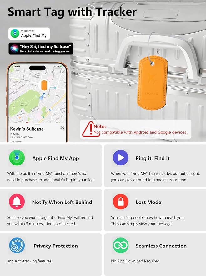 Luggage Tags Built-in Anti-Loss Tracker, Luxury Leather Luggage Tags for Suitcase, Travel Bags, Backpacks, Travel Organizer for Lost Baggage Prevention (S-Orange)
