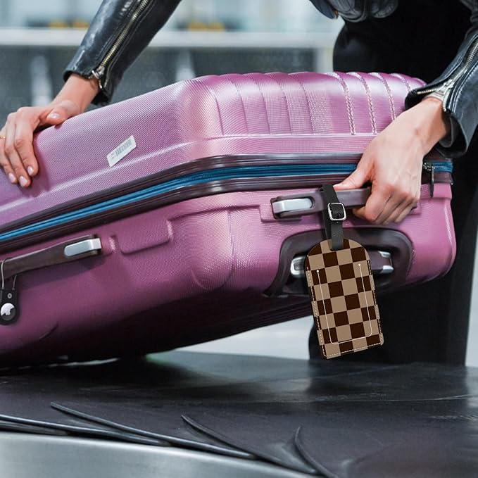 2 Pack Luggage Tag Suitcase Tags PU Leather Identifiers Privacy Cover Luggage Tags Aesthetic Cute Travel Bag Labels for Women Girls Men-Brown Checkered