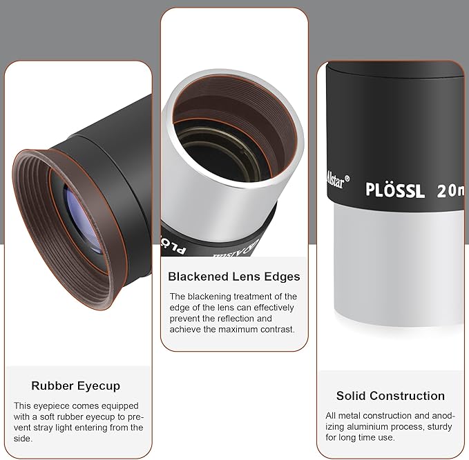 Alstar 1.25 Inch Plossl Telescope Eyepiece - 20mm Fully Multicoated Optical Lens for 1.25inch Astronomic Telescope and Astronomy Filters - 4 Element Plossl Design