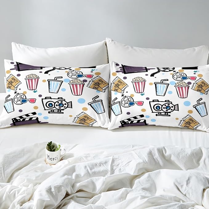 Movie Theme Sheet Set Home Theater Decor Bed Sheets Set for Family Kids Film Theme Decor Sheets Clapboard Popcorn Filmstrip Print Flat Sheet Home Movie Theater Room Decor Fitted Sheet Twin