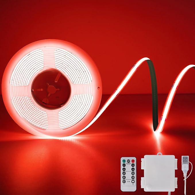 Red COB LED Strip Lights Battery Powered, 6.56FT 640LED Light Strip Wireless Dimmable Cuttable Flexible LED Lights with Remote for Boat, Cars Motorcycles, Computer, Party, TV Wall, DIY Decoration