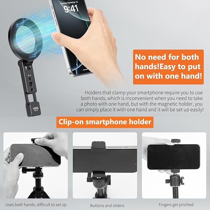 VRIG Magnetic Phone Tripod Mount for iPhone, Foldable Metal Phone Holder with Double 1/4" Screw Holes and Cold Shoe, Compatible Handles Selfie Stick Tripod Fill-Light Microphone, MG-23