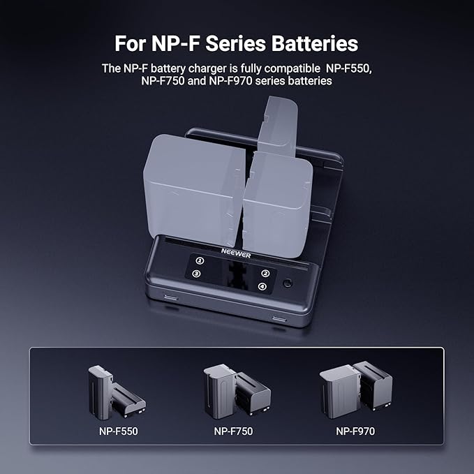NEEWER NP-F970 4 Channel Charger with Smart Power Consolidation Compatible with Sony NP-F550 750 Camcorder NPF Camera Battery, PD100W Fast Charging/PD100W Charger/Dual USB C/OLED Display, NW-F4R