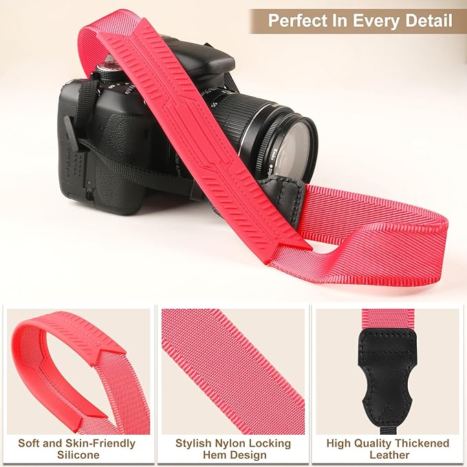 Neck Strap Silicone Camera Straps - Padded Camera Strap, 1.5" Wide Adjustable Nylon Shoulder Strap - Compatible with Canon, Nikon, Sony, and More DSLR and Mirrorless Cameras (Fuchsia)