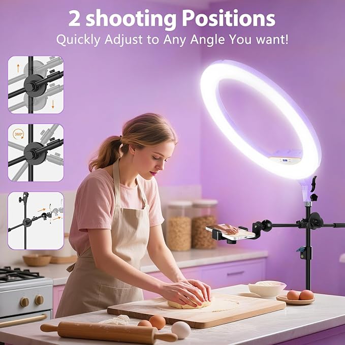Ring Light 22inch Kit: Ring Light Tripod for iPhone ipad, with 75" Tripod/LCD Display/2 USB Ports Overhead Phone Mount for Video Recording, Zoom Meeting,YouTube,TikTok (Purple)