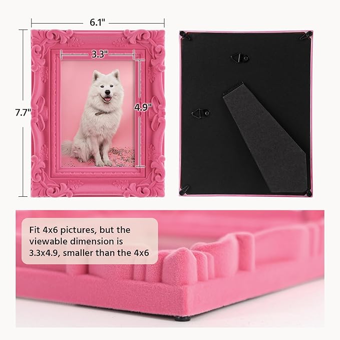 4x6 Pink Picture Frame for Drwaings Prints, Small Colorful Decorative Frame with Real Glass/Stand, Retro Ornate Memorial Frame Gift for Wedding Baby Shower Retirement (Pink)